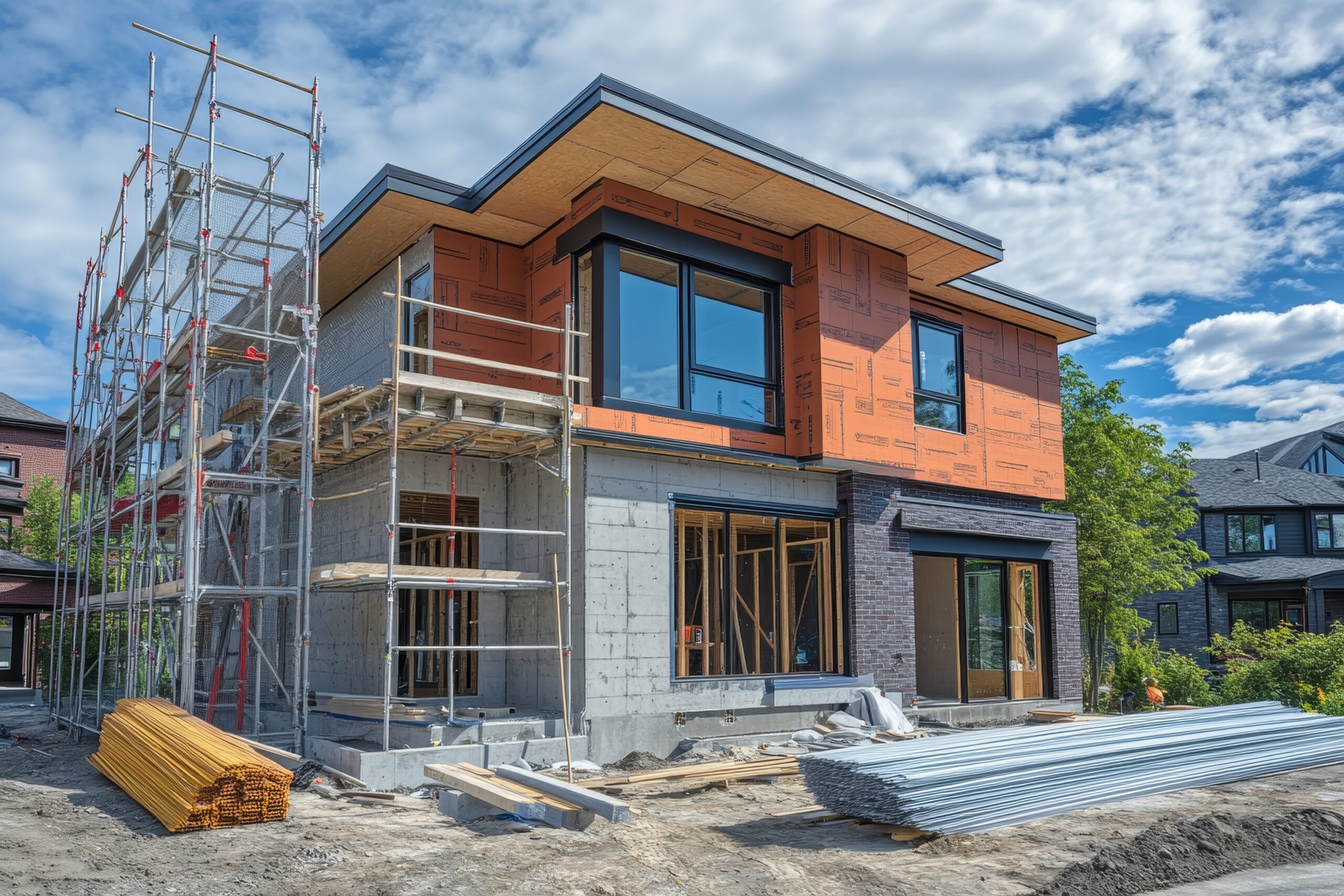 Modern home under construction with vinyl windows and doors surrounded by scaffolding built with VA one time close construction loan