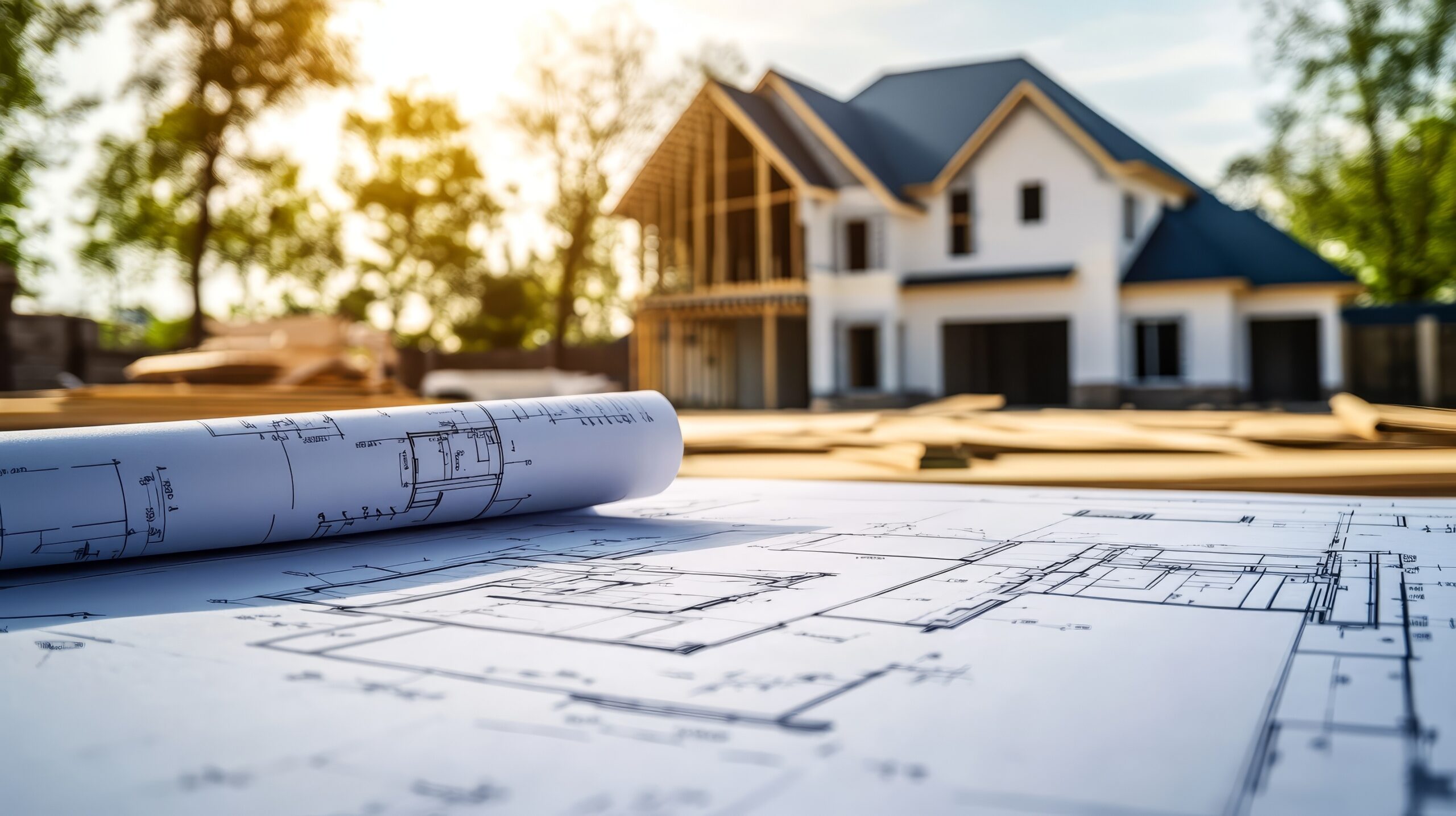 Architectural blueprints in the foreground with a new house under construction