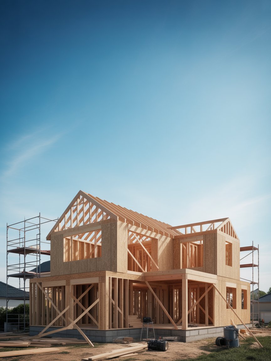 modern stick built home under construction